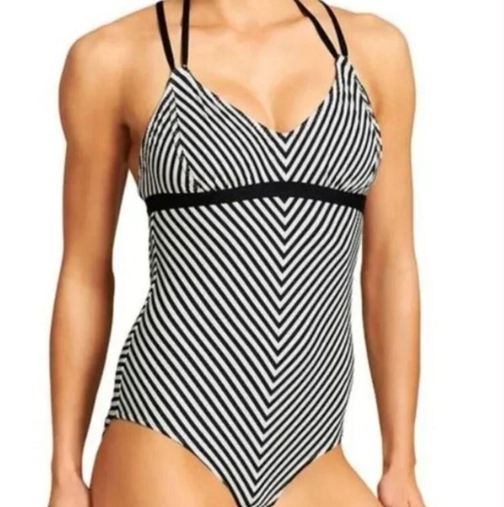 Athleta Women's Sz S Striped Avila One Piece Swimsuit Black White Chevron 66952